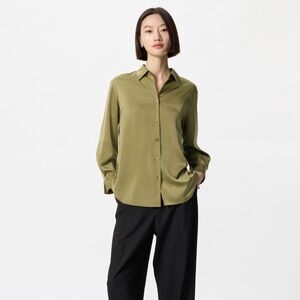 Uniqlo Satin Long-Sleeve Blouse (Olive, Size S)